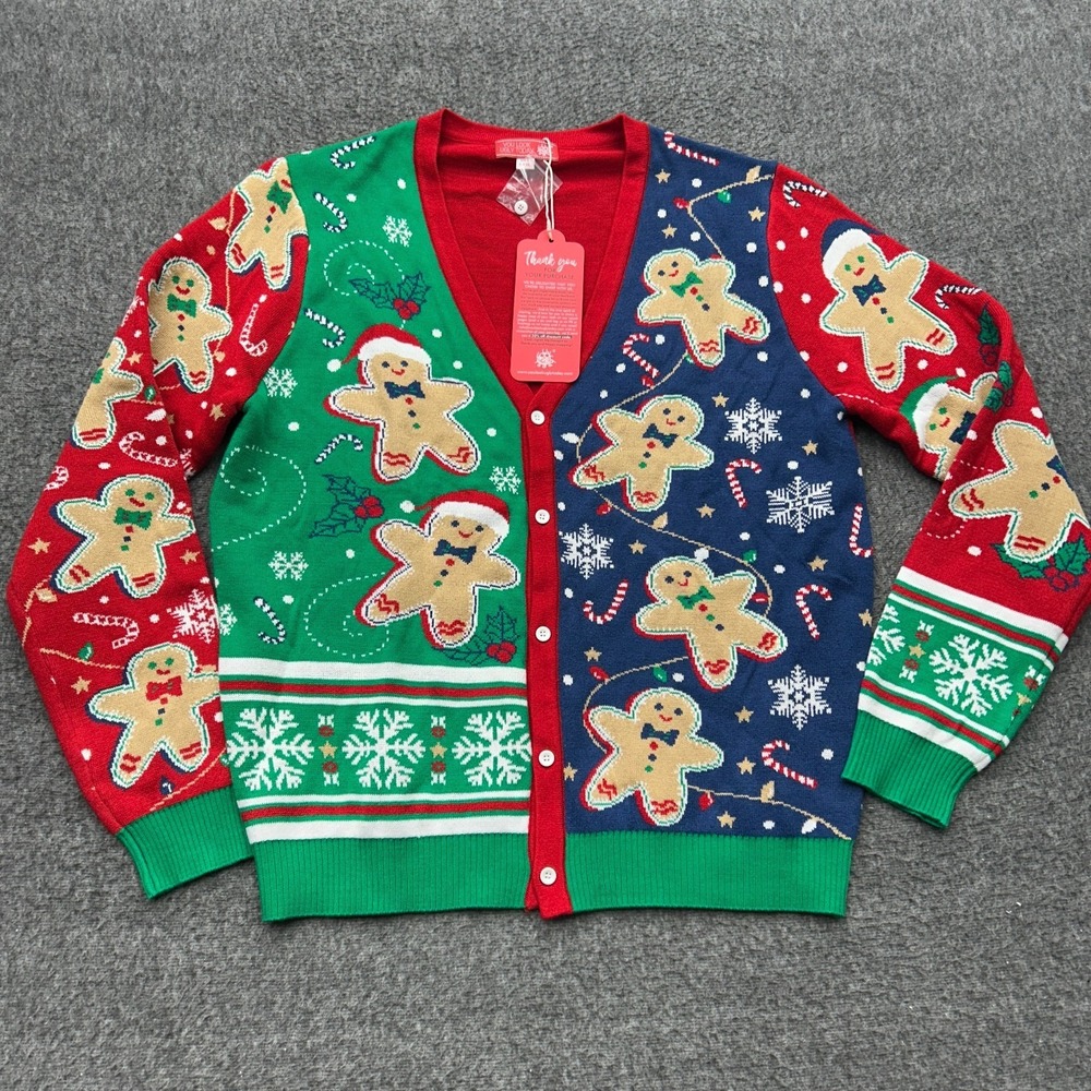 You Look Ugly‎ Today Men's Christmas Sweater Cardigan Large Gingerbread Men New